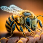 Macro shot of a honey bee on a honeycomb